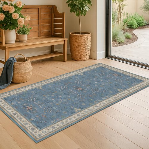 Blue 2x4 Runner Rug - Waterproof & Washable | Non-Slip Low Pile for Entryway, Kitchen & Bathroom