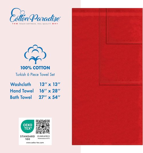 Cotton Paradise 6-Piece Towel Set - 100% Soft Absorbent Turkish Bath Towels | Red Color