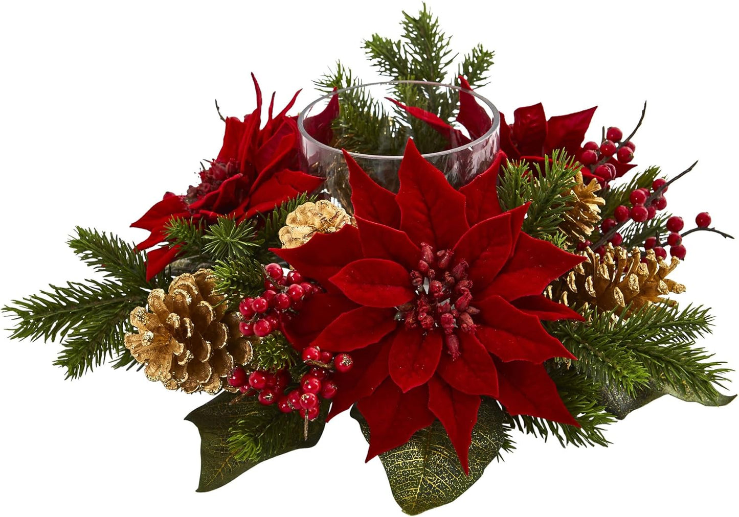Nearly Natural Poinsettia Candelabrum - Red Artificial Silk Arrangement with Berries & Pine Cones | 6"D x 14"W x 14"H