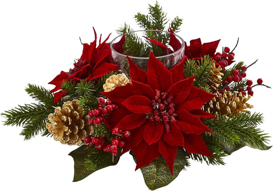 Nearly Natural Poinsettia Candelabrum - Red Artificial Silk Arrangement with Berries & Pine Cones | 6"D x 14"W x 14"H