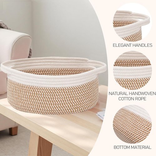 JMvicyroam Woven Storage Baskets - Small Rope Bins with Handles for Organizing Shelves | 2-Pack, White & Brown