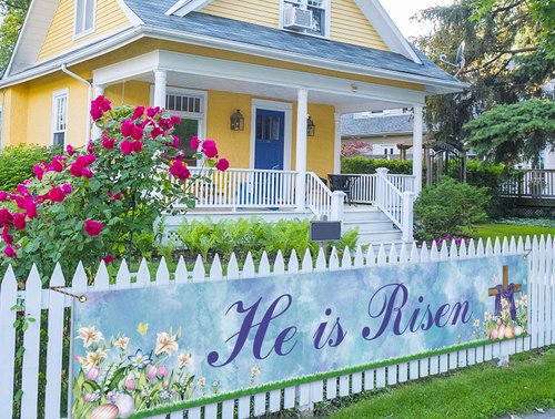 He is Risen Fence Banner Easter Christian Cross Lily Eggs Religious Party Photo Booth Backdrop Yard Outdoor Decoration