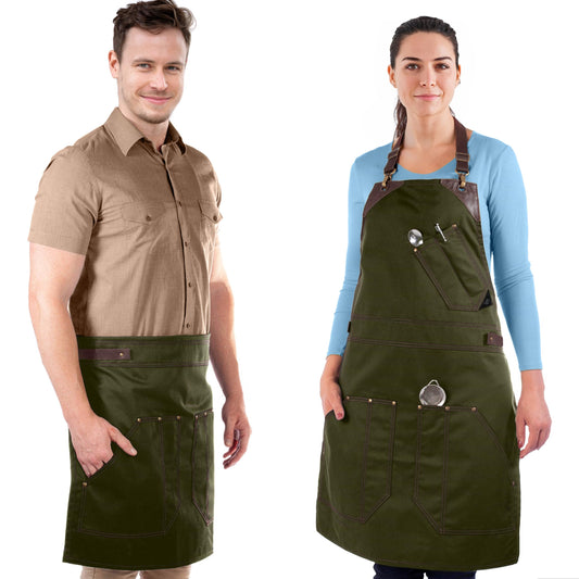 Under NY Sky Barista Apron - Brown Leather Straps and Reinforcement - Riveted Pockets - Double Stiched - Leather Ring Loop - Professional Green Twill - Double as Half Bistro Apron - Chefs, Bartender