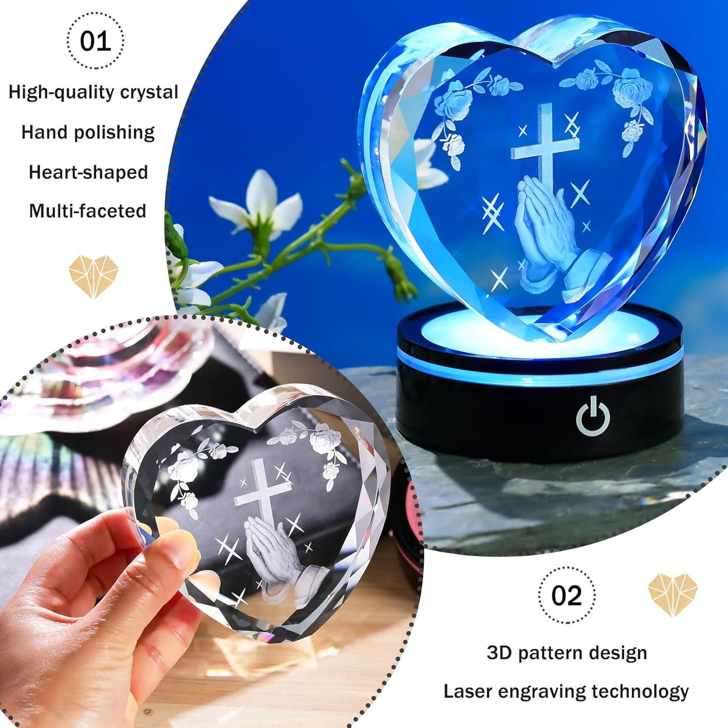 Ornalrist Crystal Heart 3D Praying Hands | Colorful LED Base | Religious Gift for Men & Women