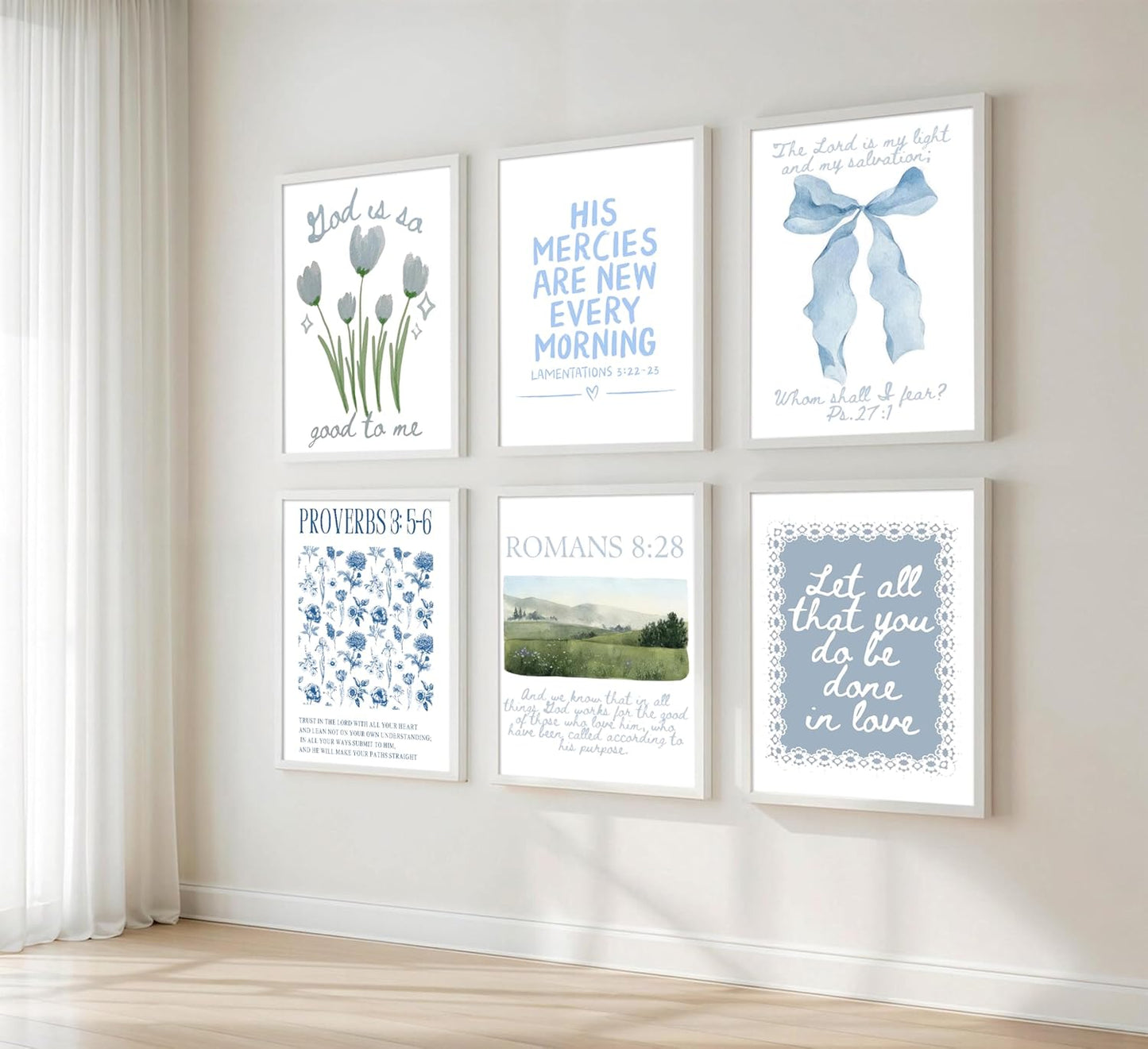 Skiennix Blue Christian Canvas Wall Art - Set of 6 Inspirational Bible Verse Prints for Girls' Room Decor