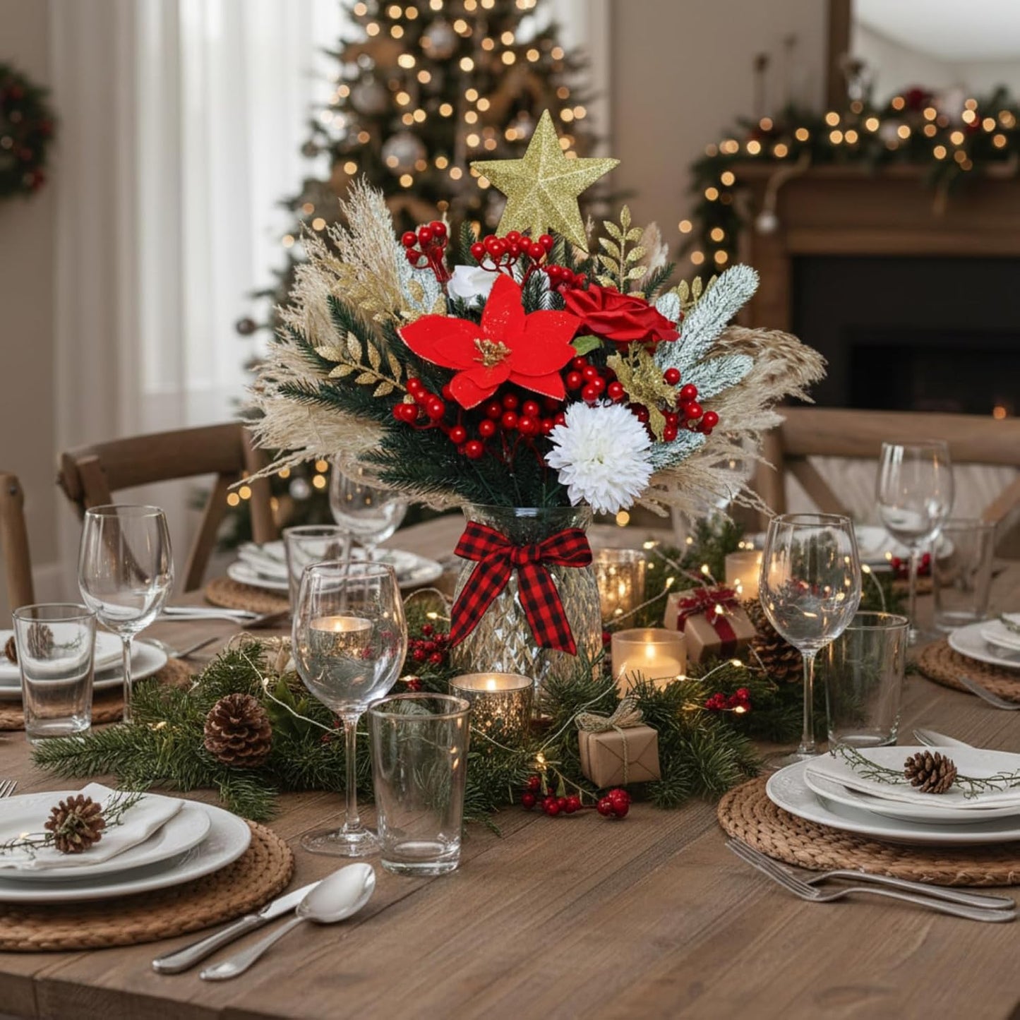 RyddeligHome Christmas Centerpieces - 100pcs Holiday Floral Arrangements for Tables | Red Poinsettia & Pine Decor