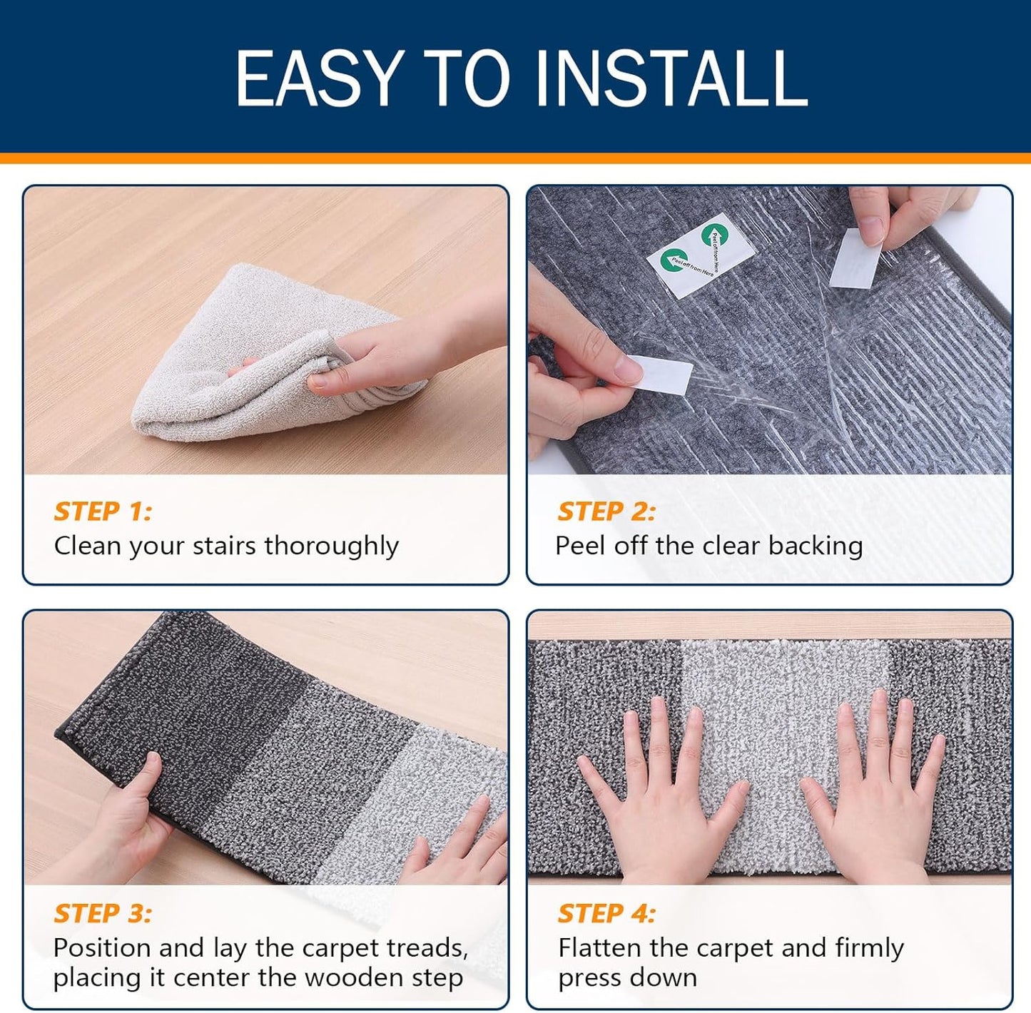 OLANLY Non-Slip Stair Treads - 15PCS Indoor Stair Runners for Wooden Steps | 8" x 30" Grey Edging Rugs with Reusable Adhesive for Kids, Elders, and Pets
