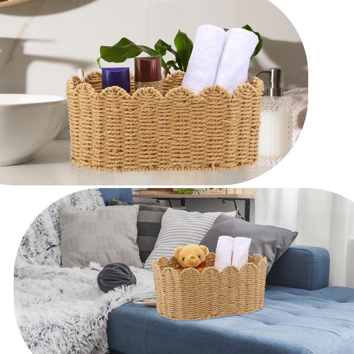 Kritkin 2 Pcs Scalloped Basket Set Hand-woven Baskets with Scalloped Design, 16 x 10 x 7 Inch & 14 x 8 x 6 Inch for Living Room Bedroom Laundry Nursey Storage