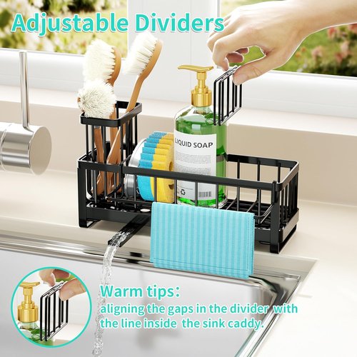 HapiRm Sponge Holder - Self-Draining Sink Caddy with Brush & Dishcloth Holders | Black Stainless Steel