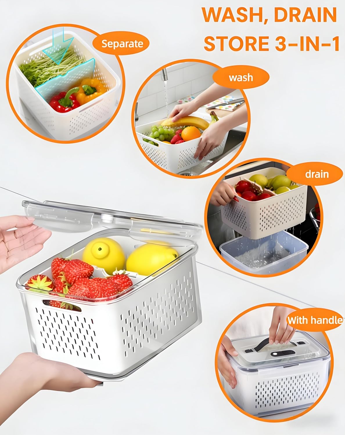 SnowSky 4PCS 2-in-1 Fruit & Veggie Fresh Box - Airtight Leak-Proof Storage with Detachable Colander & Divider