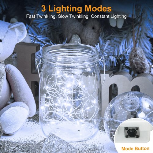 btfarm 16 Pack LED Fairy Lights Battery Operated [3 Modes] Twinkle Lights, 7FT 20 LED Mini String Lights Mason Jars Silver Wire Small Christmas Wedding Party, Cold White