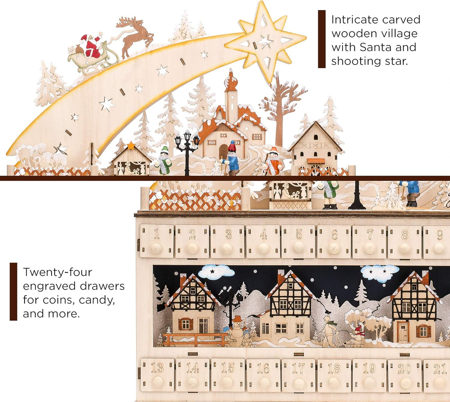 Best Choice Products Wooden Christmas Advent Calendar - Shooting Star Holiday Decor with LED Lights