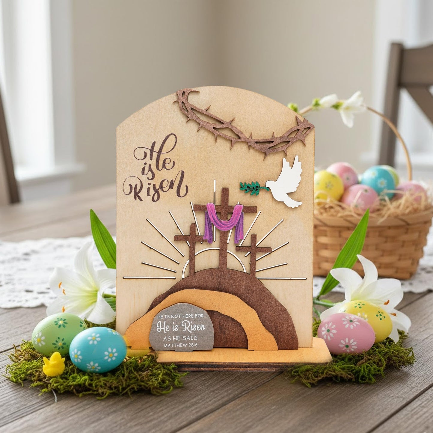 Alcarin He is Risen Easter Resurrection Decor - Easter Decorations for Home - Empty Tomb Religious Resurrection Set Decoration for Table, Desk, Home