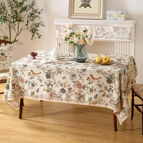 ISAENNE Designer French Light Beige Extra Long Rectangle Tablecloth, Linen Florals and Birds Pattern, Durable Decorative for Dining Thanksgiving Kitchen, 67"x118", Cornucopia