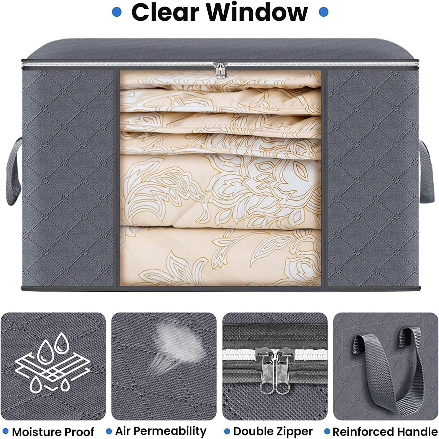 Skiennix Large Clothes Storage Bags - 4 Pack Foldable Organizers with Clear Window for Blankets & Toys | Gray