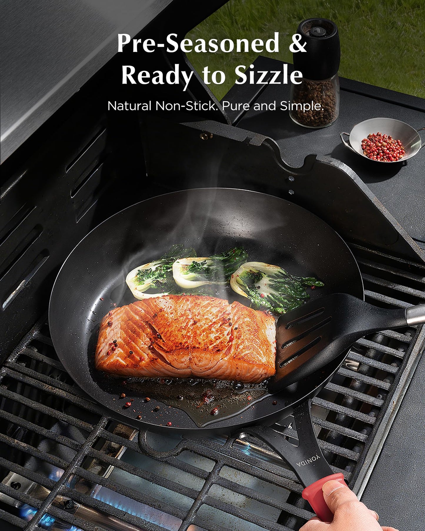 Yonida Carbon Steel Pan, 10 Inch Nonstick Frying Pan Skillet, Pre-Seasoned Carbon Steel Cookware with Removable Silicone Handle Holder, Indoor/Outdoor, Induction & Oven Safe