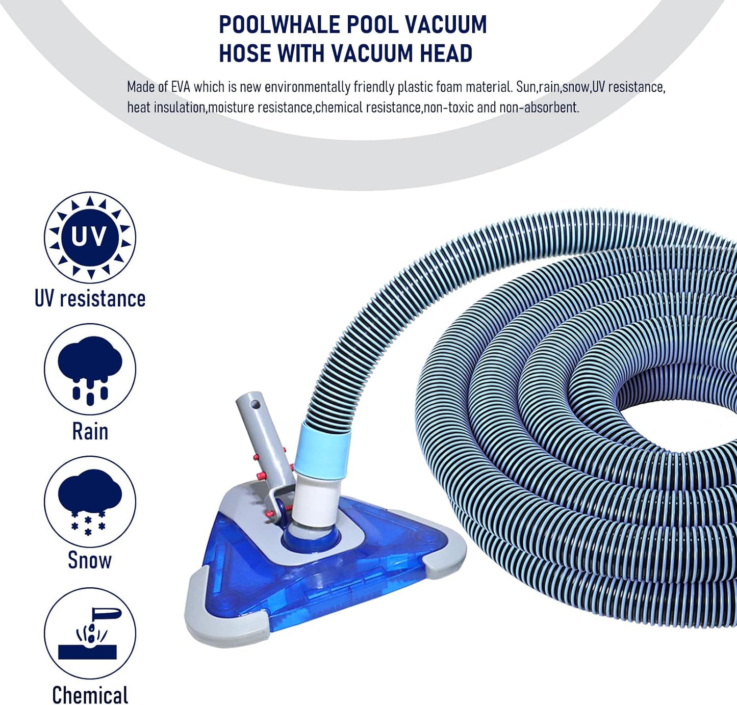 POOLWHALE Swimming Pool Vacuum Hose - 1-1/2 Inch x 24 Feet with Swivel Cuff & Weighted Head | Ideal for Above Ground & Small Inground Pools