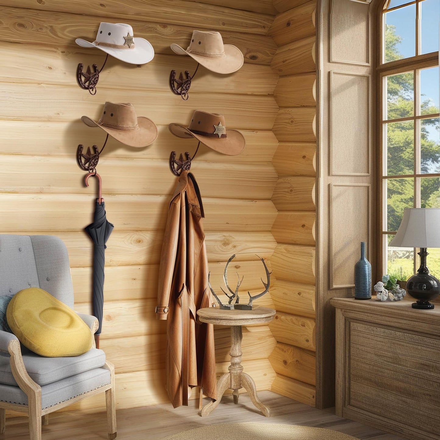HYDERMUS Cowboy Hat Organizer Rack for Wall 4 Pack Metal Cowboy Hat Holder Wall Mounted Iron Western Wall Decor Horseshoe Hat Hanger for Storage and Display at Closet Bedroom Living Room
