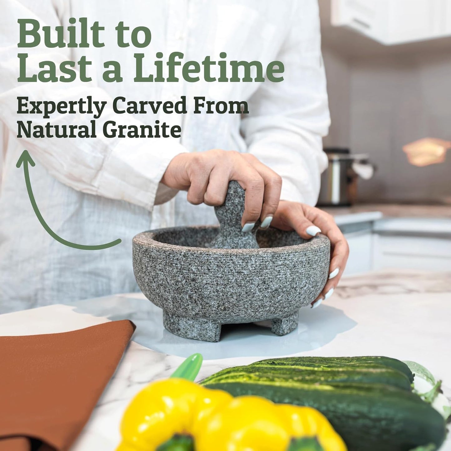 PriorityChef Granite Mortar and Pestle Set - 8-Inch Natural Stone Bowl for Spices & Guacamole | Grey