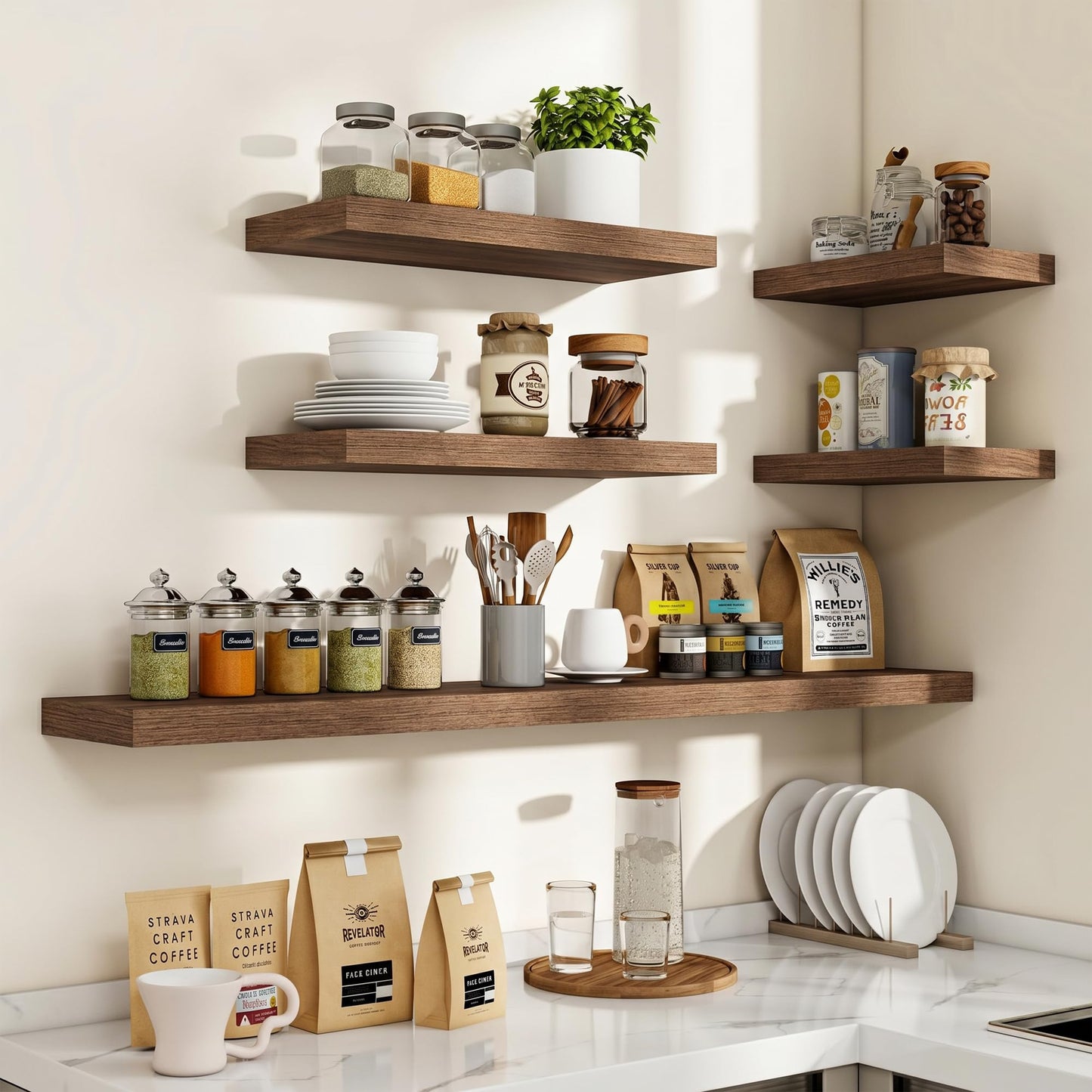 Acovy 24 Inch Floating Shelves, 24"x9.25"x1.5" Inch Deep Floating Shelves for Wall, Wooden Shelves for Bathroom, Bedroom, Living Room, Walnut, 2 Pieces