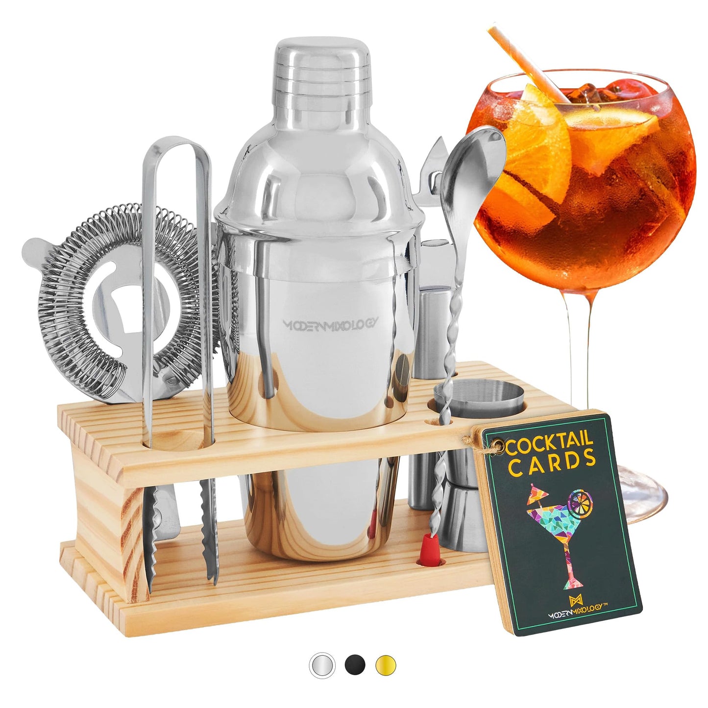 Modern Mixology Cocktail Shaker Set - Bartender Kit with Pine Stand | Leak-Proof Design | Includes Martini Shaker, Jigger, Strainer, Spoon, Tongs | Perfect Bar Tools Gift for Home Mixology (Silver)
