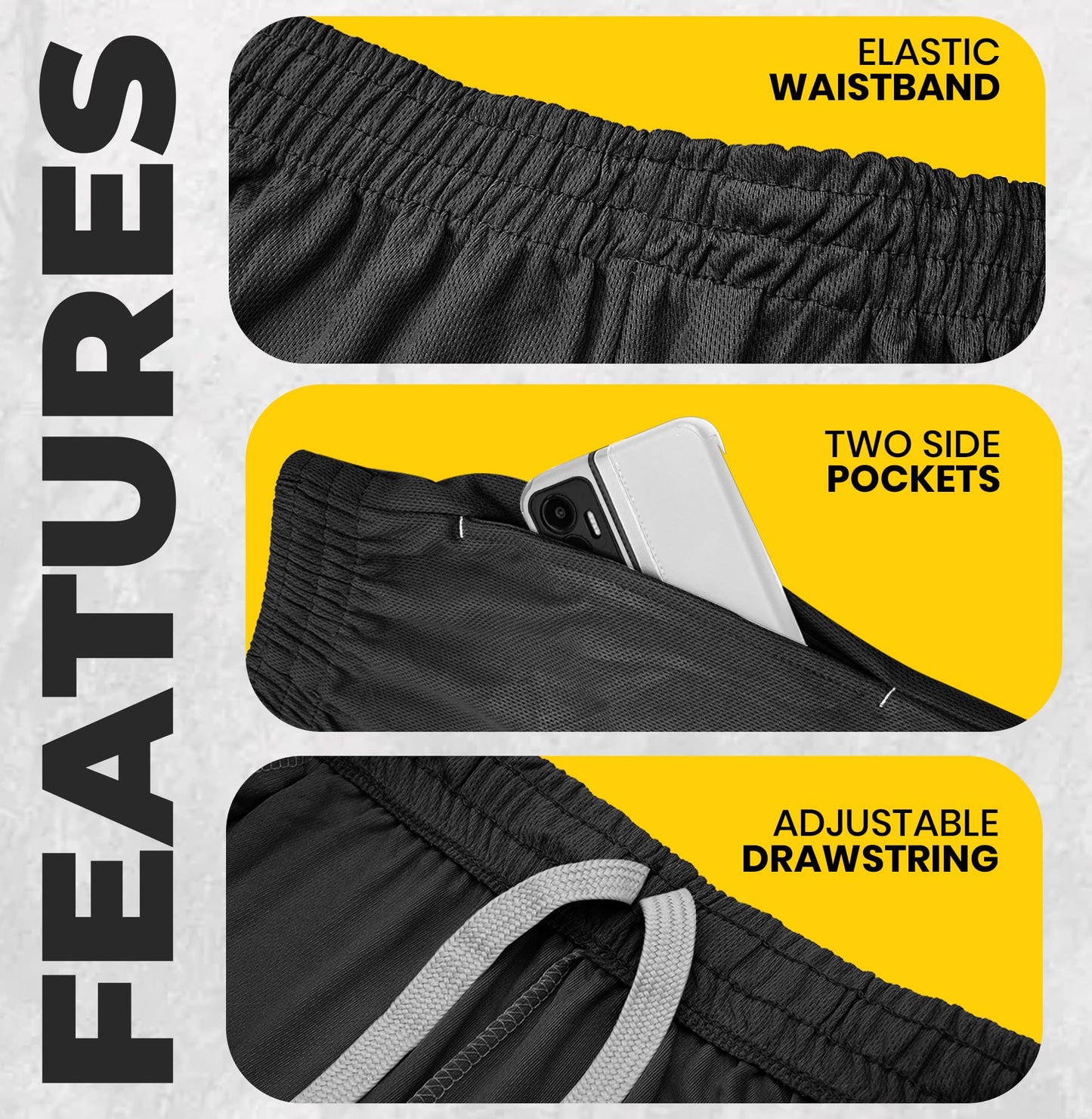NY Threads Men's Athletic Shorts Quick Dry Loose-Fit Lightweight Running Workout Gym Shorts with Pockets, Large, Black