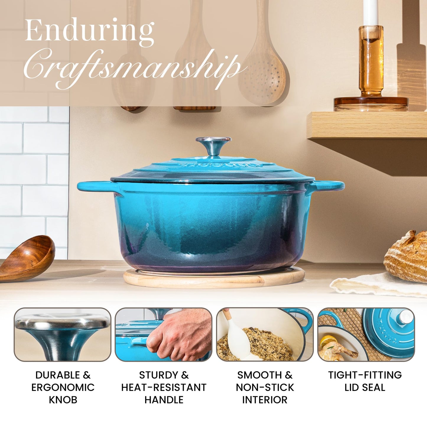 Cast Iron Dutch Oven with Lid – Non-Stick Ovenproof Enamelled Casserole Pot – Sturdy Dutch Oven Cookware – Blue, 2.1-Quart, 20cm – by Nuovva