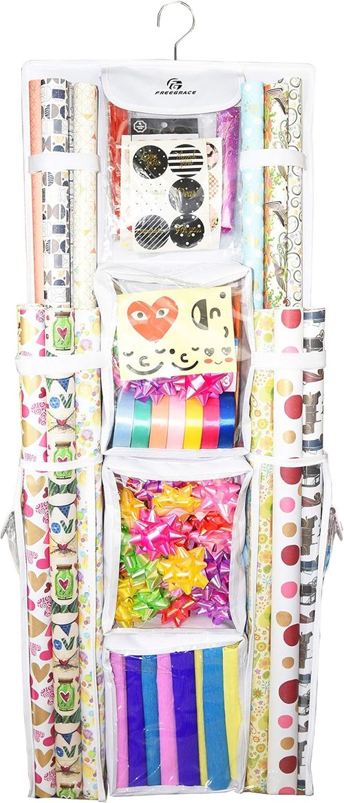 Freegrace Gift Wrap Organizer - Double-Sided 16 x 41 Inch Tearproof Storage Bag | White Wrapping Paper & Ribbon Caddy