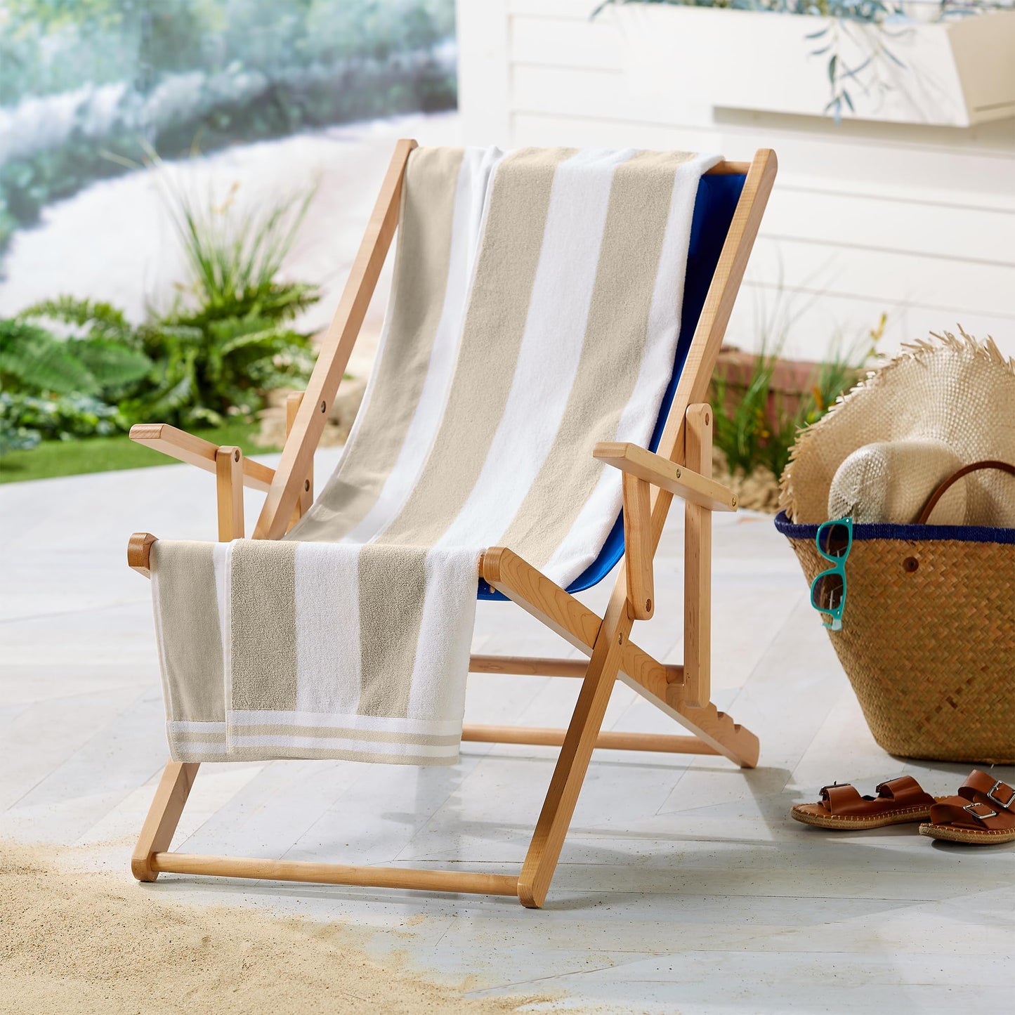 Great Bay Home 100% Cotton Velour 4 Pack Oversized Beach Towels - Taupe Cabana Stripe Pool Towels - Quick Dry, Large Swim Towels (4 Pack 35" x 70", Linen)