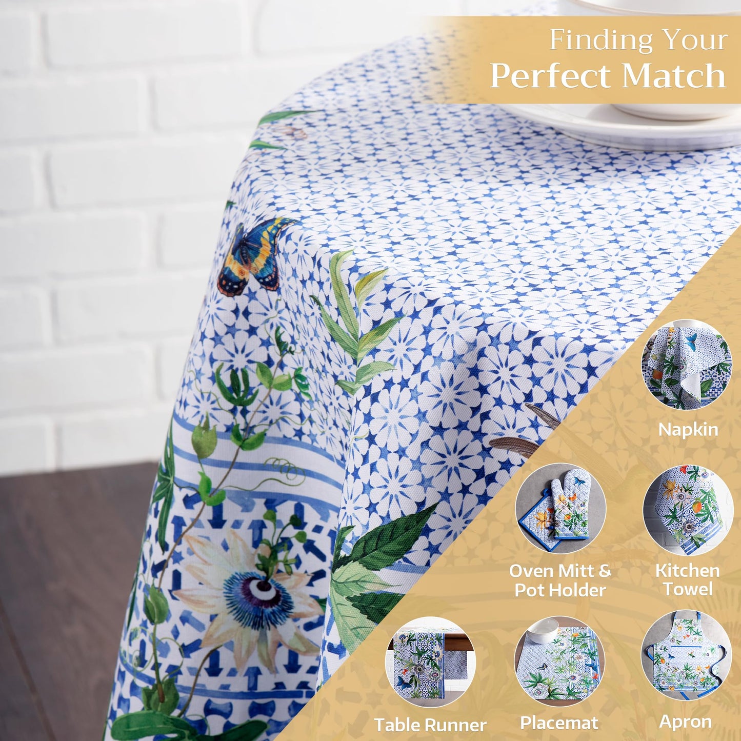 Maison d' Hermine Table Cloth Round Table 100% Cotton 63 Round Inches Tablecloth Reusable Decorative for Dining Kitchen Room Farmhouse Home Gifts for Mothers Day Spring Summer - Passiflora