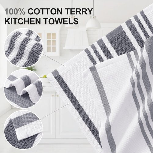 Homaxy Premium Kitchen Towels 18”x 28”, Large Cotton 380 GSM Kitchen Hand Towels, Stripe and Terry Dish Towel, Highly Absorbent Tea Towel Set with Hanging Loop, 8 Pack, Grey