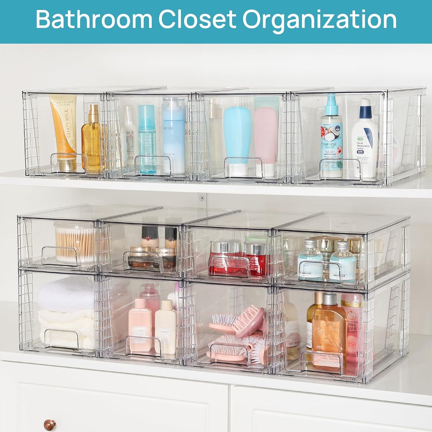 Vtopmart 4 Pack Large Stackable Storage Drawers - Easy Assembly Acrylic Organizers for Bathroom & Kitchen