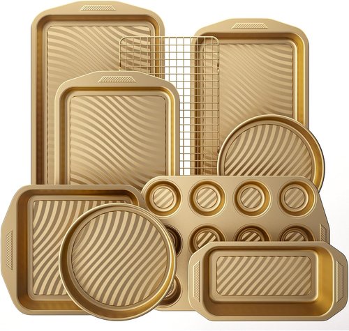 HONGBAKE 9-Piece Non-Stick Baking Pans Set - Wave Texture for Reduced Oil | Durable 0.8mm Bakeware in Gold