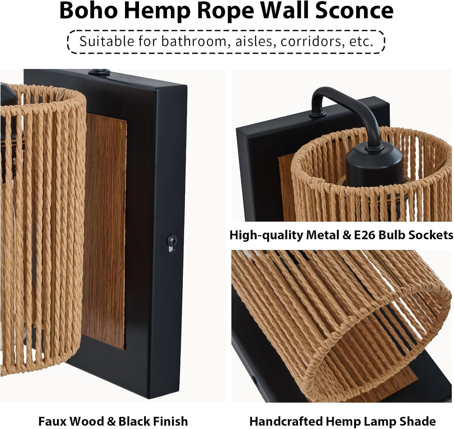 Boho Rattan Wall Sconces Set of Two, Farmhouse Wall Light Fixtures Lighting with Hand Woven Hemp Rope Shade Bedside Wicker Wall Lamp, Wall Mount Light Fixture for Bedroom Living Room Bathroom Stairway
