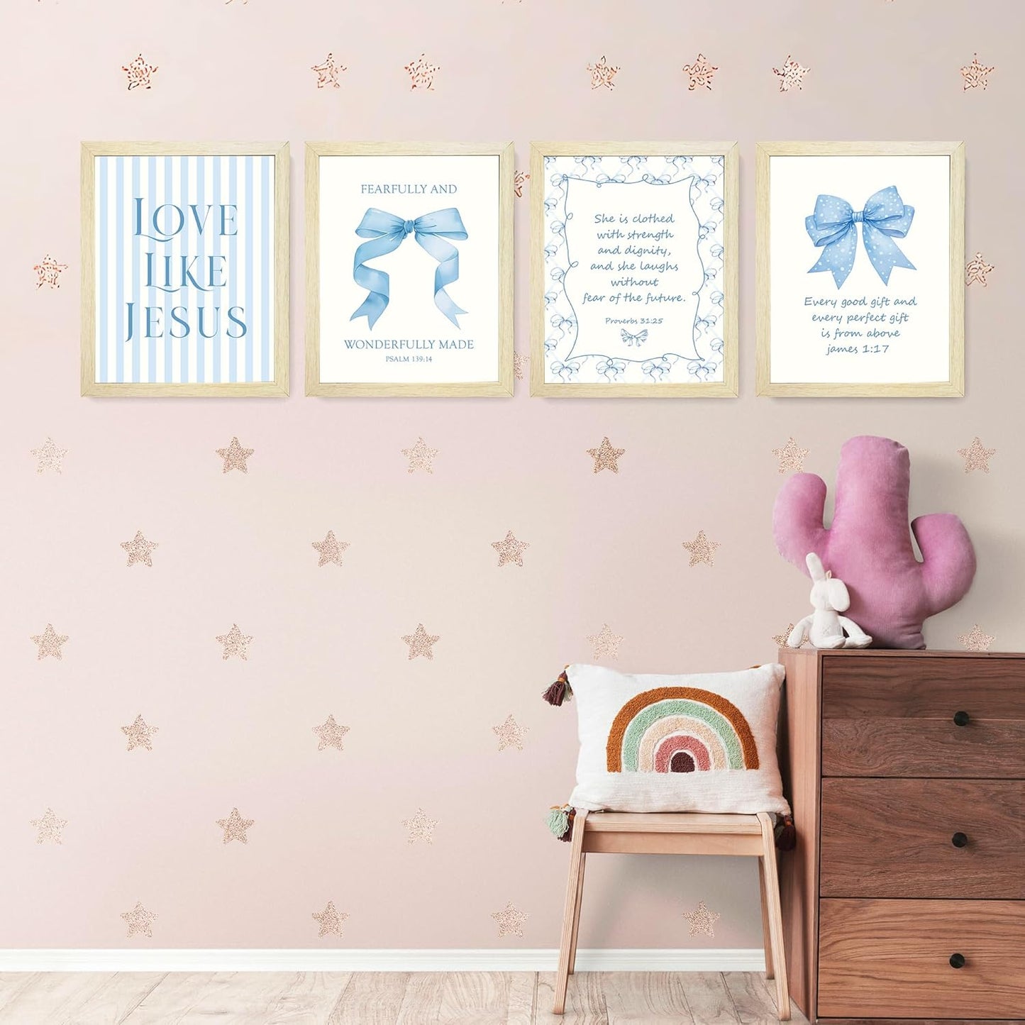 LARTSFRO Coquette Blue Bow Wall Art Decor - Inspirational Bible Verses for Bedroom | Set of 4, 10x8 Inch