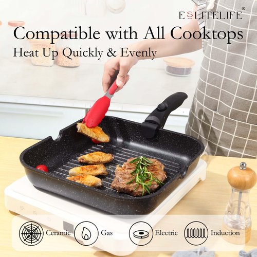 ESLITE LIFE Nonstick Grill Pan with Detachable Handle, Versatile Square Skillet for Indoor Cooking & Outdoor Grilling, PFOA Free, Black-11 Inch