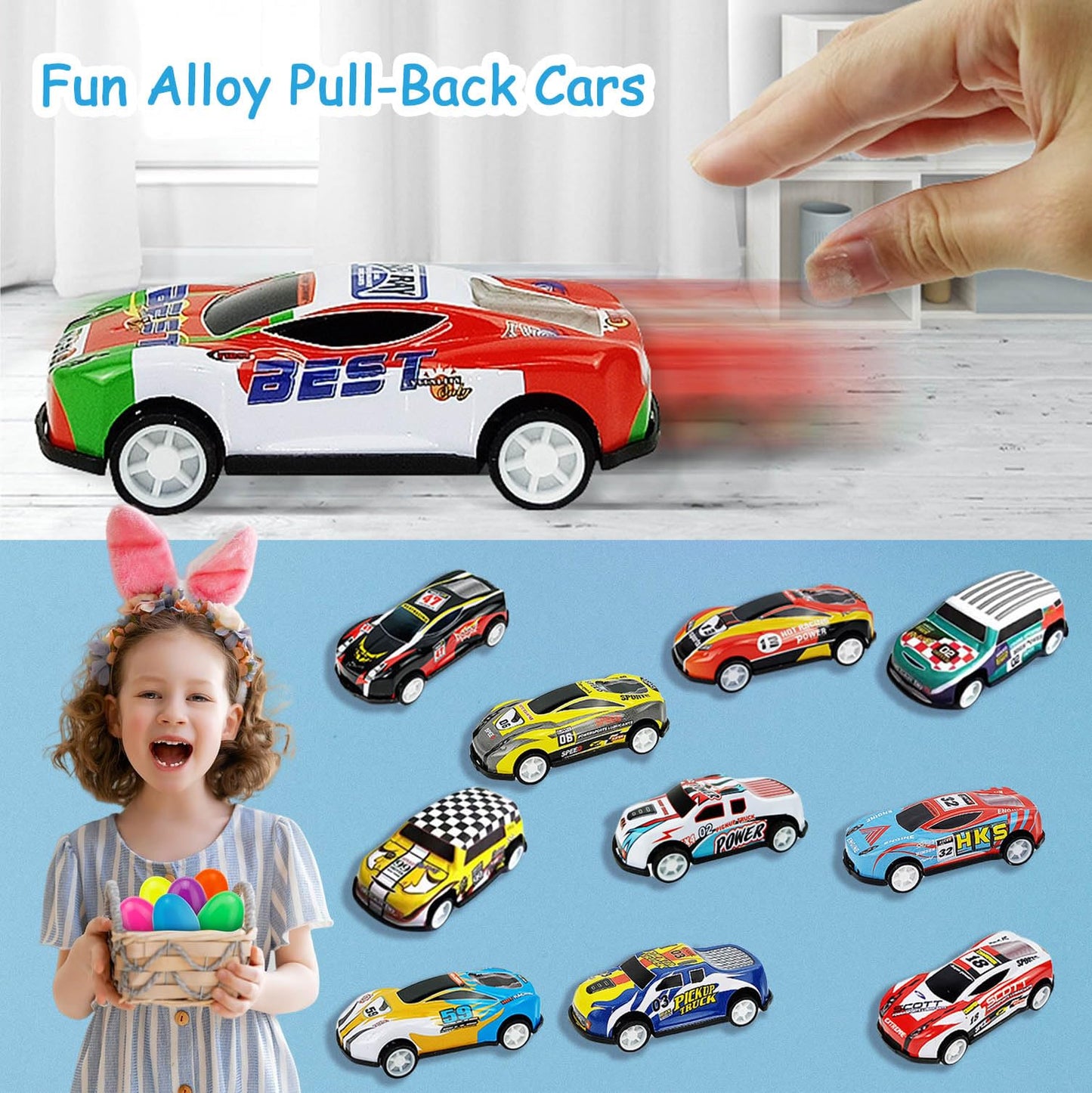 UPINLOOK 12 Pack Prefilled Easter Eggs Filled with Cars, Colorful Plastic Filled Easter Eggs with Toys Inside for Kids Easter Egg Hunt, Easter Basket Stuffers, Easter Party Favor Supplies