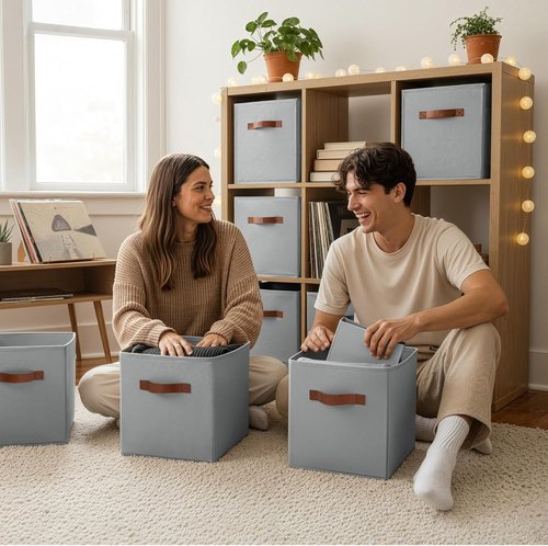 Granny Says 11-Inch Cube Storage Bins - 6 Pack Foldable Fabric Organizers with PU Handles | Grey