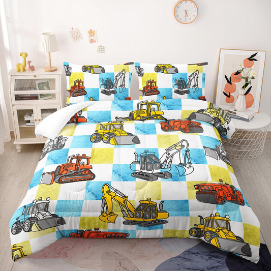 Boy's Construction Truck Comforter Set Full,Orange,and Yellow Truck 3 Pieces Bedding Set for Kids Boys Teens,Blue and Yellow Plaid Microfiber Lightweight Quilt Bedroom Decor with 2 Pillow Cases