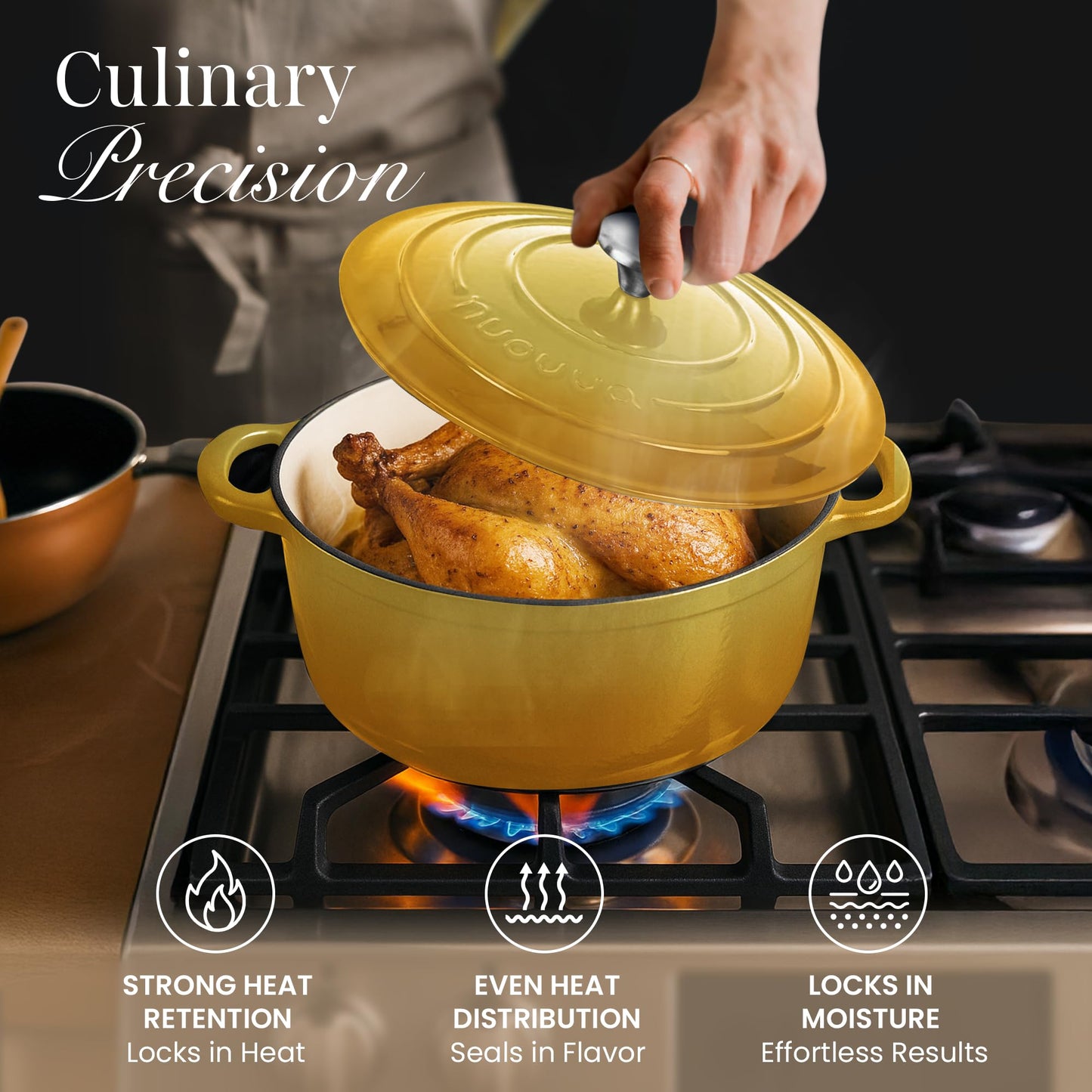 Nuovva Enamelled Cast Iron Dutch Oven Pot with Lid 6.4 Quart Non Stick Casserole Pot – Heavy Duty & Oven Safe up to 500° F for Bread Baking, Braising, Stews, Roasting – 28cm Yellow