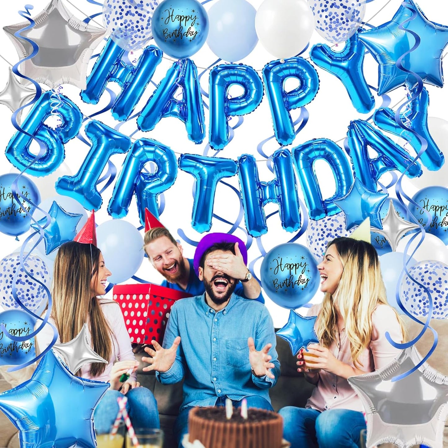 3D Foil Blue Happy Birthday Balloon Banner by [Brand Name] - Star Balloons & Confetti for All Ages