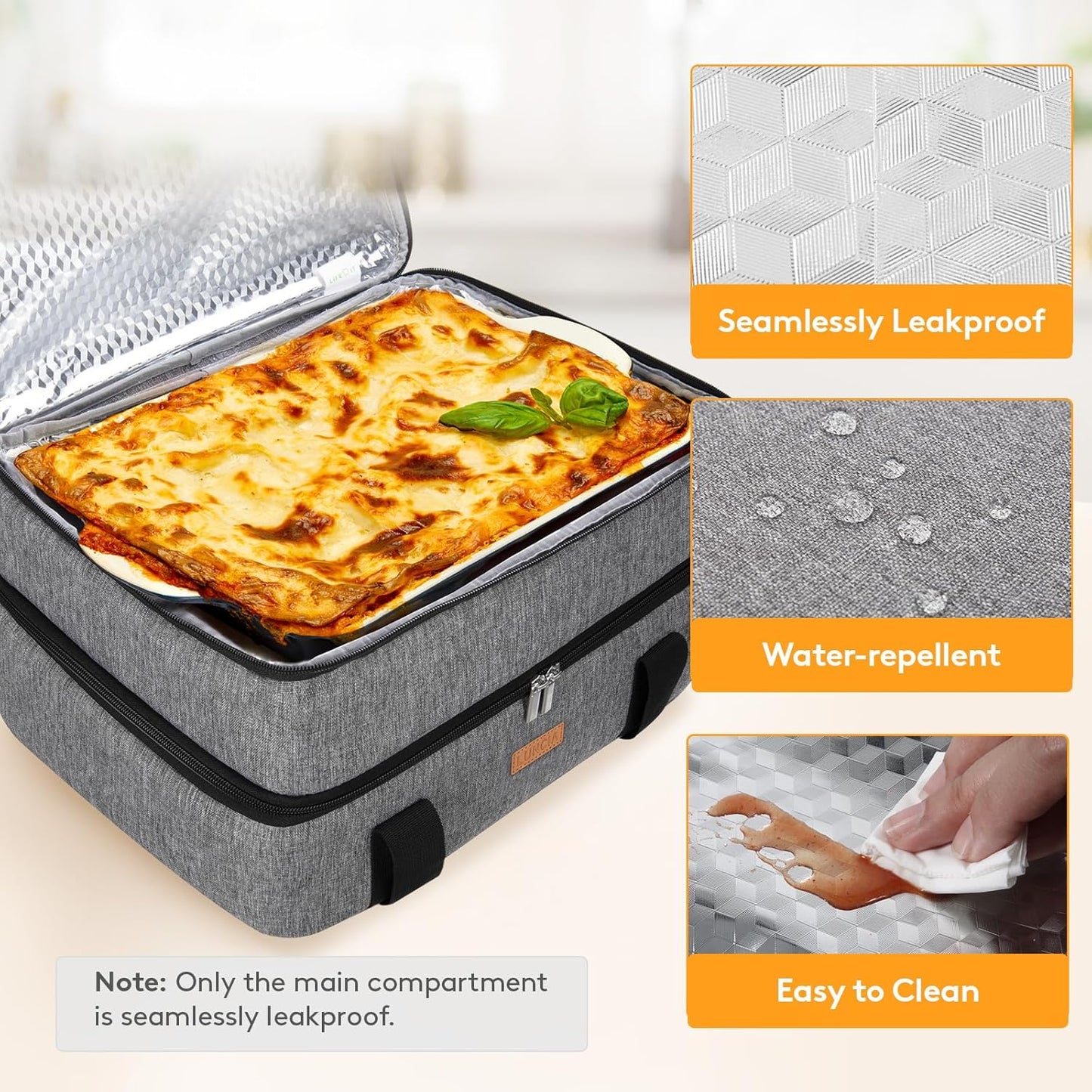 LUNCIA Insulated Casserole Carrier - Double Decker Thermal Tote Keeps Food Hot or Cold | Fits 9" x 13" Dish, Grey
