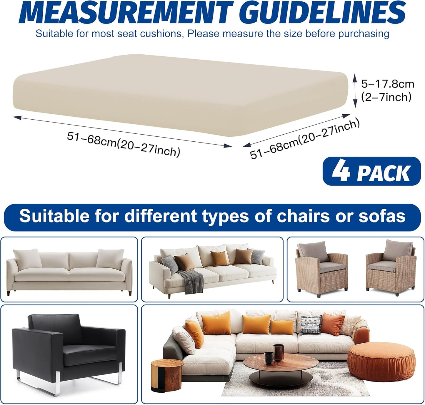 Patio Stretch Cushion Covers - Washable Outdoor Sofa Slipcovers for Furniture Protection (4PCS, Beige)