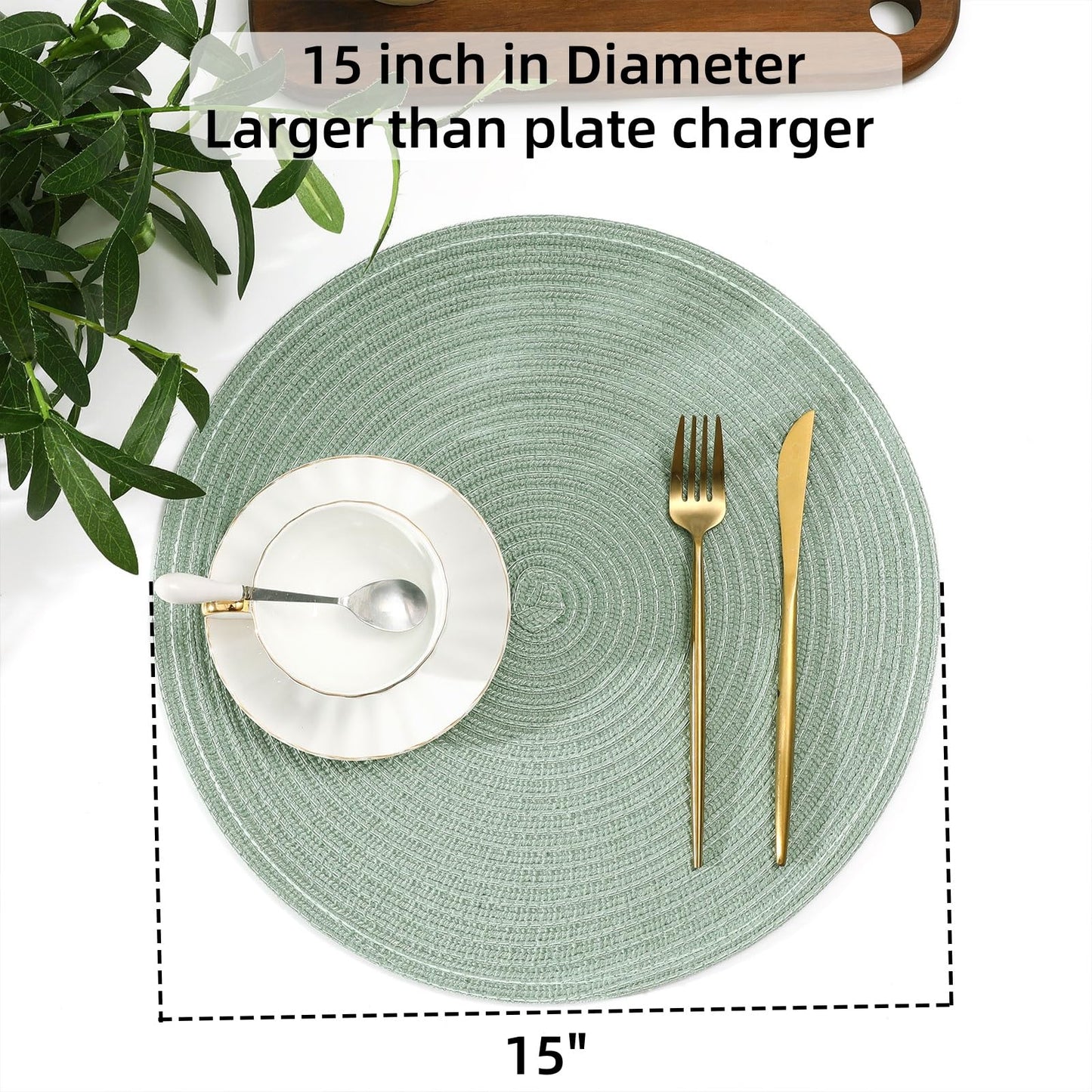 SHACOS Round Placemats Set of 4 Woven Braided Table Placemats 15 inch Cotton Polyester Place Mats Washable Table Mats Indoor Outdoor, Sage Green