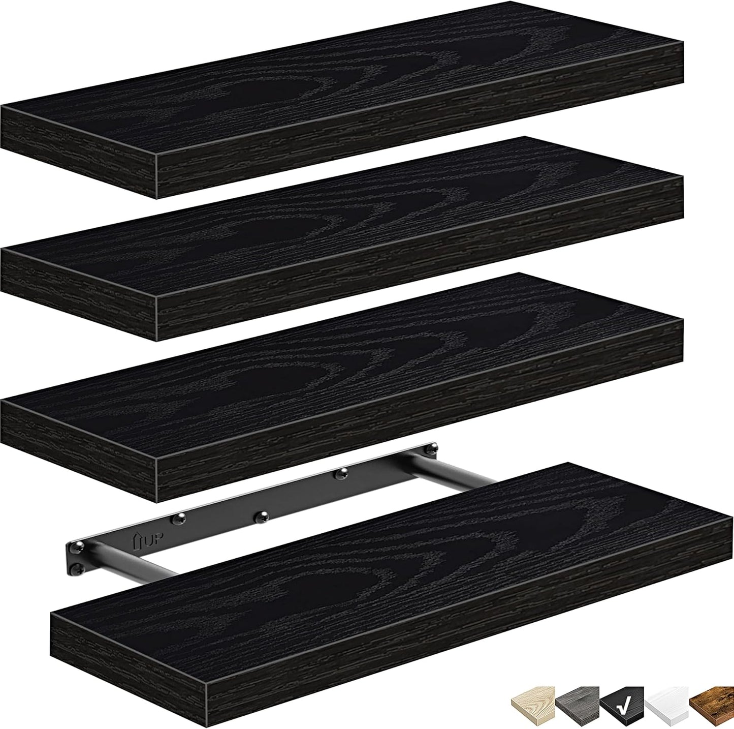 QEEIG Floating Shelves - Stylish Wall Storage for Bathroom, Bedroom & Kitchen | Set of 4, 16 Inch, Black