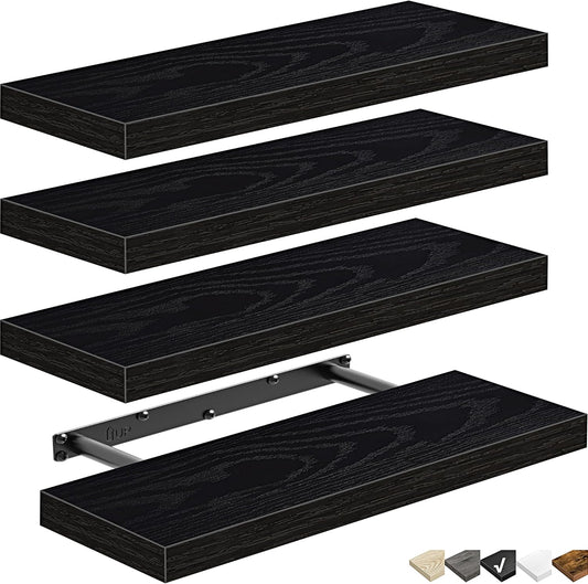 QEEIG Floating Shelves - Stylish Wall Storage for Bathroom, Bedroom & Kitchen | Set of 4, 16 Inch, Black