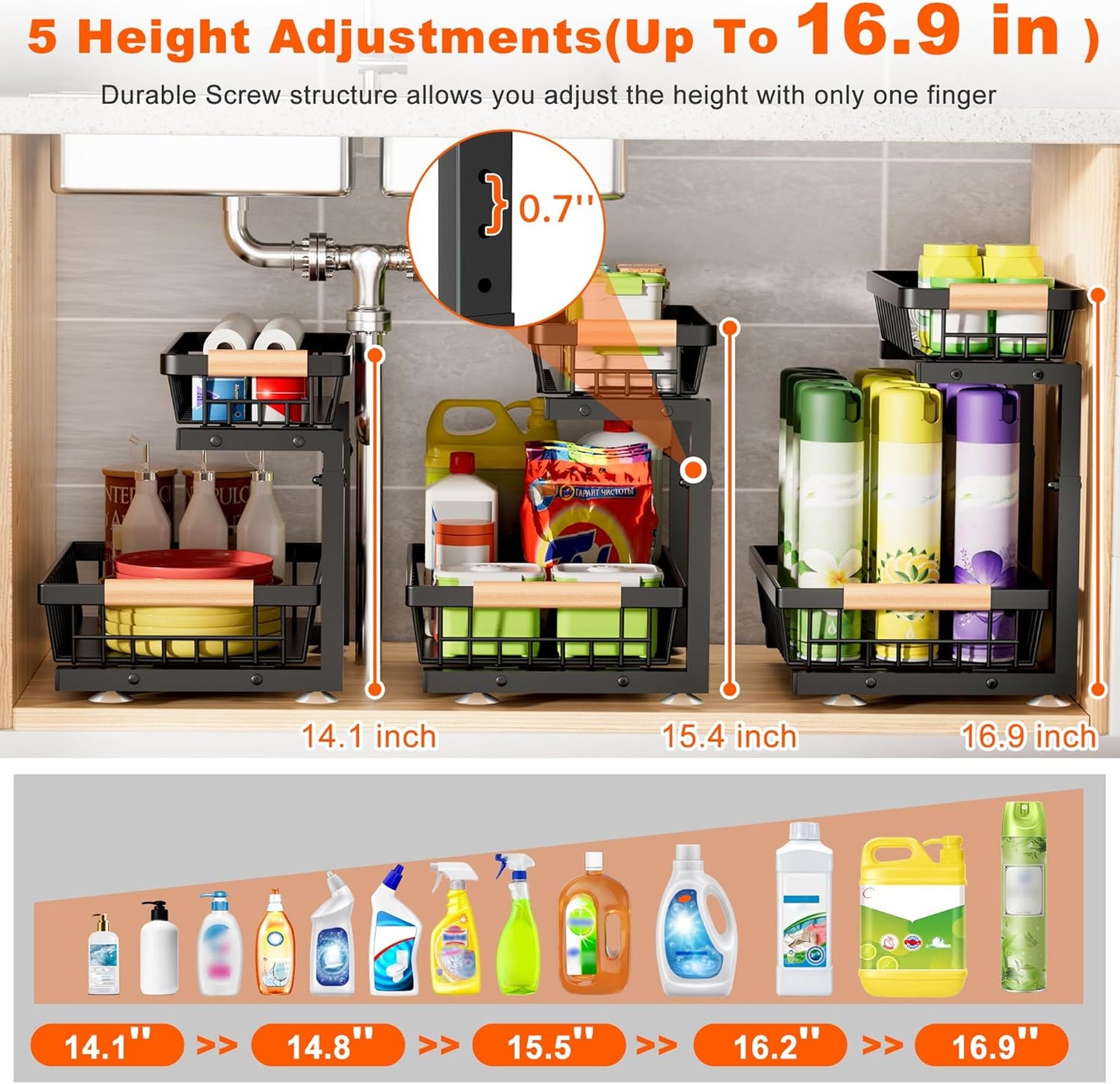 Under Sink Organizer | 2-Pack Adjustable Metal Shelves for Kitchen & Bathroom Storage - Black