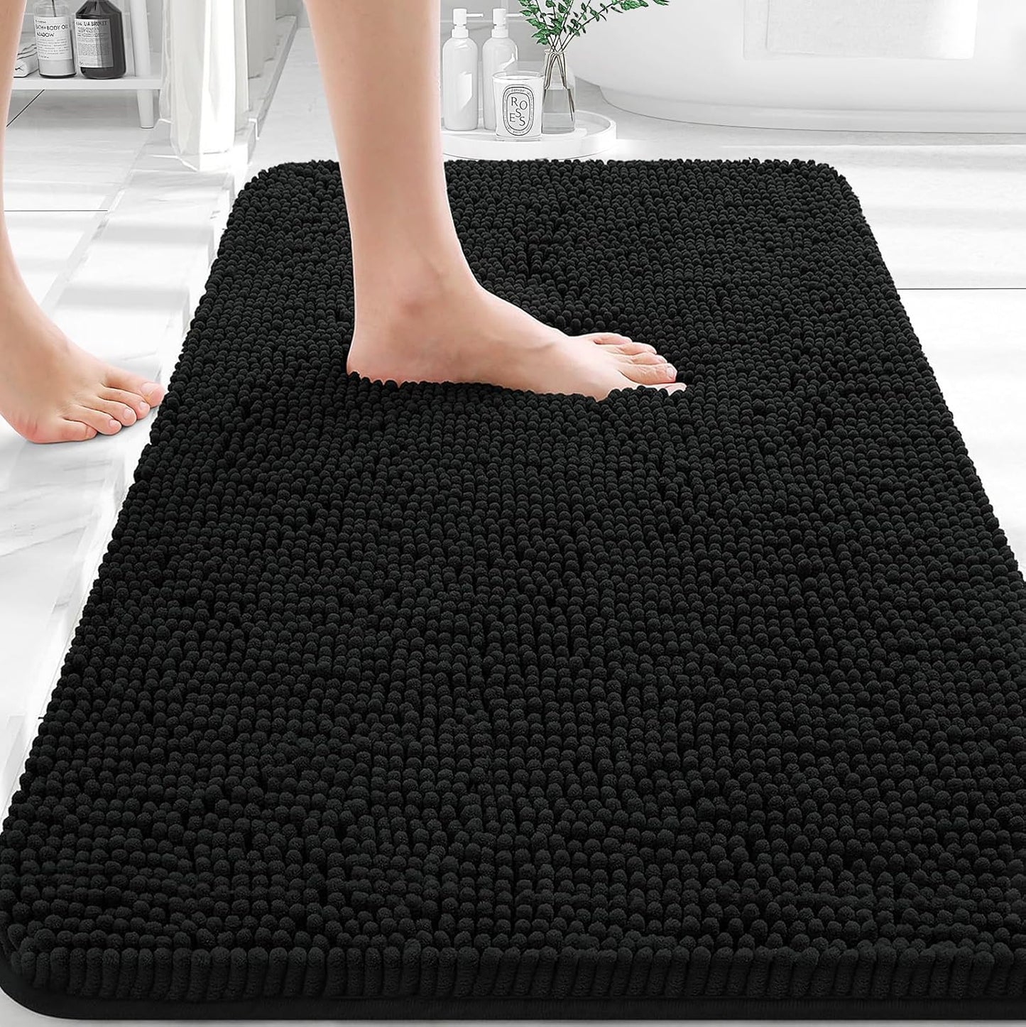 OLANLY Bathroom Rugs - Extra Soft Chenille Bath Mats | 36x24, Quick Dry, Machine Washable, Black