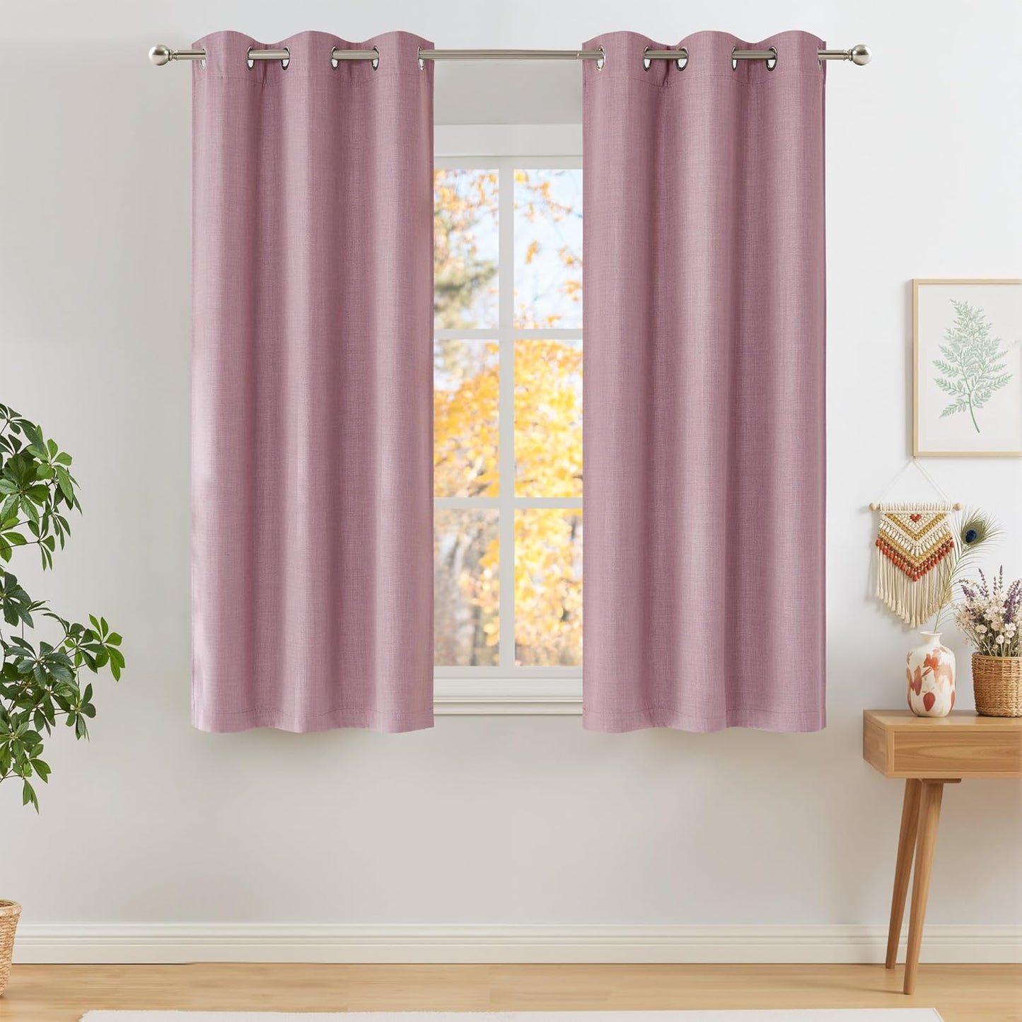 NICETOWN Blackout Curtains - Short Faux Linen Privacy Panels for Living Room & Bedroom | 63-Inch, Pink, 2 Panels