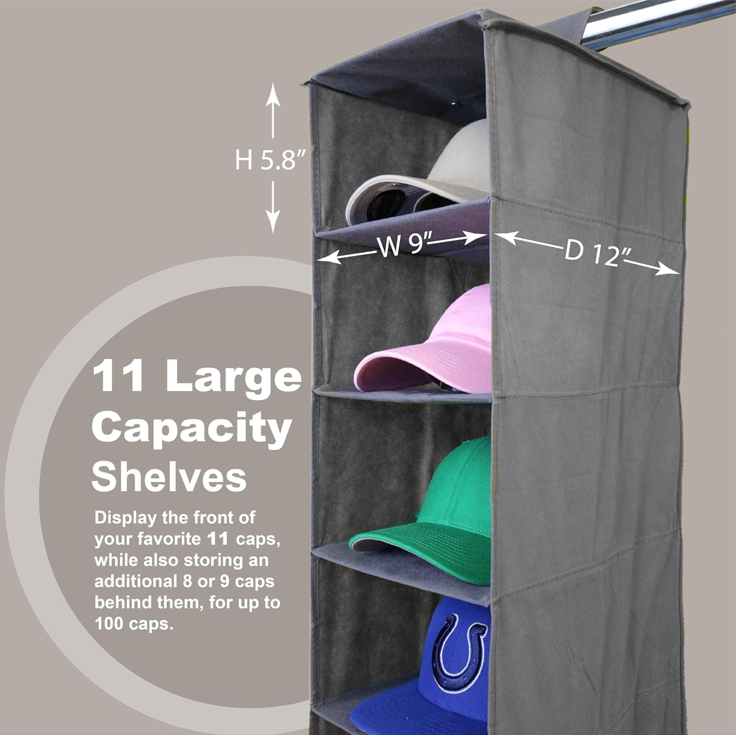 Perfect Curve 11-Pocket Baseball Hat Organizer - Gray Storage Rack for Up to 100 Caps | Versatile Use for Shoes & Towels
